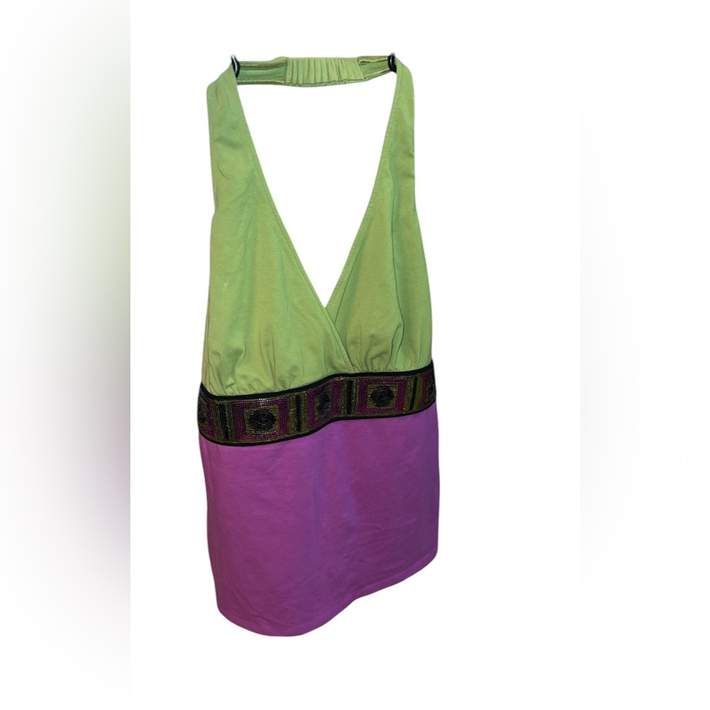 Bisou Bisou Green and Purple V-Neck Colorblock Top with Beaded Waistband